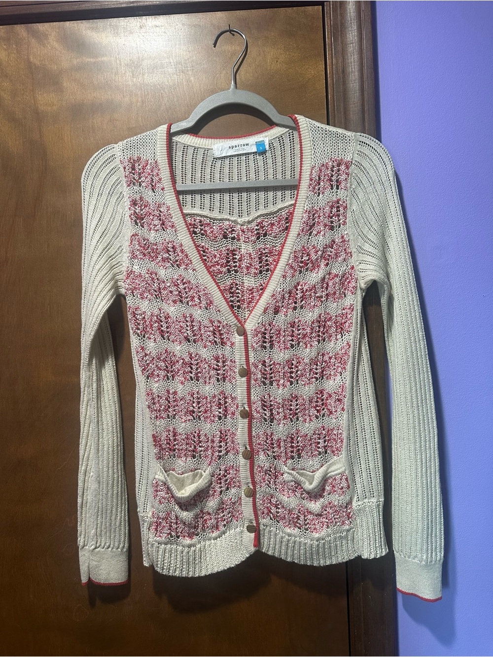 Anthropologie Sparrow Cream and Red Knit Cardigan